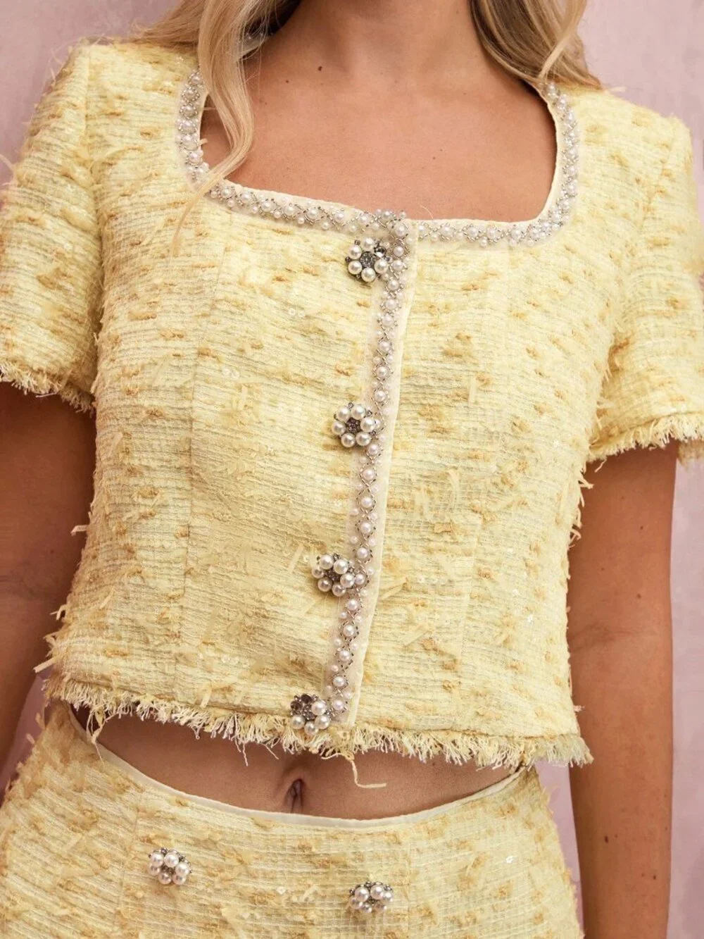 Yellow Casual Women's Tweed Pearl Short Sleeve Jacket